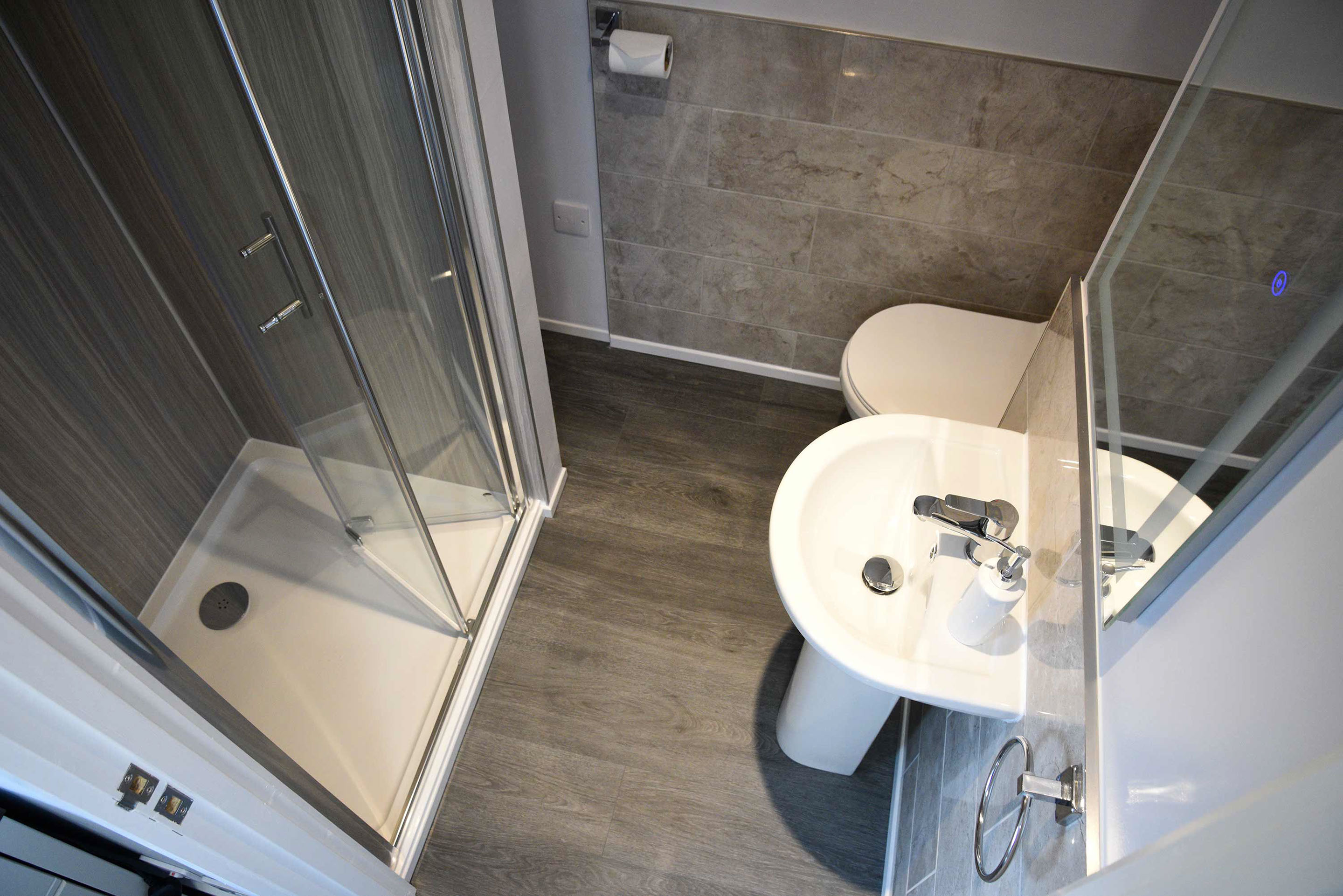Modern en suite bathrooms in our twin room accommodation in Uig